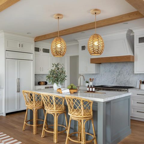 Lustre Tissé à la Main Vintage Suspension Luminaire en Rotin, Abat-Jour Panier Rétro Boho, E27 Plafonnier pour Salon, Chambre - 120cm Ligne