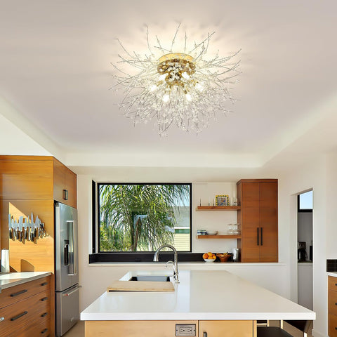 Plafonnier LED Lustre en Cristal Moderne K9 Cristal Suspension Plafonnier Température de couleur réglable 3000K/4500K/6500K 6 G9 Lampe de Plafond Or