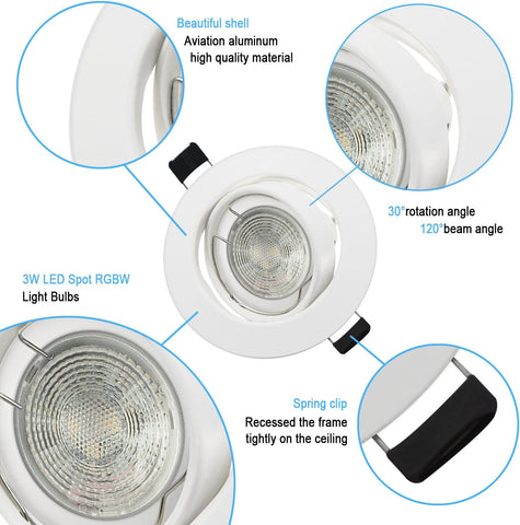 Lot de 6 Spots LED Encastrables Orientables RGB avec Changement de Couleur, 5W (équivalent 50W), Blanc Chaud 2700K, Plafonnier Encastré en Métal Rond Blanc avec Télécommande Dimmable