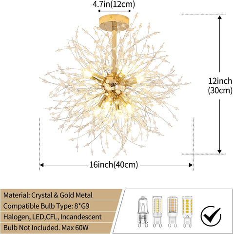 Plafonnier Moderne Lustres en Cristal, Lustre Feux d'artifice Doré, Plafonniers en Cristaux K9, 8 G9 Luminaire Lampes Dorées pour Salon, Chambre, Salle à Manger, Couloir