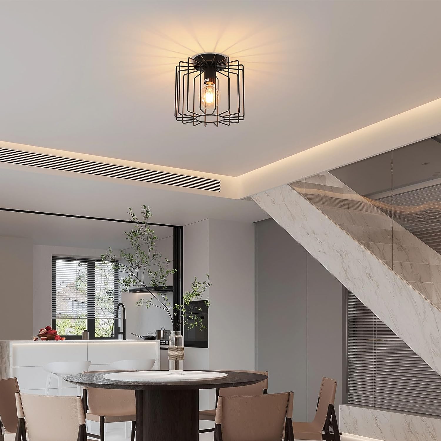 Plafonnier Vintage E27, Luminaire Métal Cage Noir, Suspension Cage Cube Luminaire