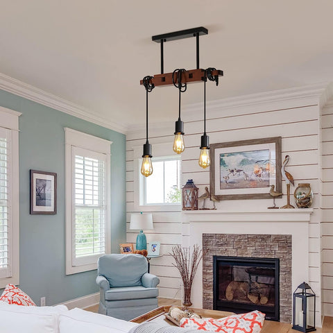 Suspension Luminaire Industrielle, Lampe de Plafond Vintage en bois, E27 Lustre Lumières avec 3 Lampe, Câble Réglable 120CM, pour Cuisine Salle à Manger Café Bar (Sans Ampoule)