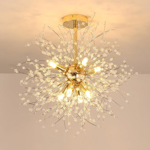 Plafonnier Moderne Lustres en Cristal, Lustre Feux d'artifice Doré, Plafonniers en Cristaux K9, 8 G9 Luminaire Lampes Dorées pour Salon, Chambre, Salle à Manger, Couloir