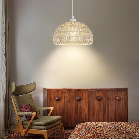 Suspension Luminaire en Rotin Moderne Lustre Abat-jour en Rotin Naturel Lampe Suspendue Hauteur Réglable E27 Suspension pour Cuisine Chambre Salon Café (Blanc)