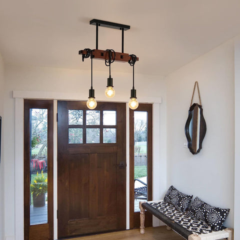 Suspension Luminaire Industrielle, Lampe de Plafond Vintage en bois, E27 Lustre Lumières avec 3 Lampe, Câble Réglable 120CM, pour Cuisine Salle à Manger Café Bar (Sans Ampoule)