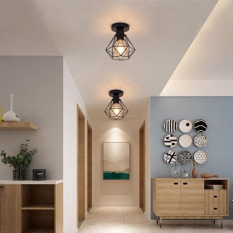 Plafonnier Industriel E27, Luminaire Métal Cage Vintage, Suspension éclairage Plafond Noir pour Cuisine Chambre Salon Couloir Café Bar（2pcs）