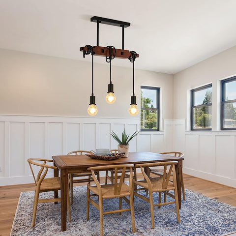 Suspension Luminaire Industrielle, Lampe de Plafond Vintage en bois, E27 Lustre Lumières avec 3 Lampe, Câble Réglable 120CM, pour Cuisine Salle à Manger Café Bar (Sans Ampoule)