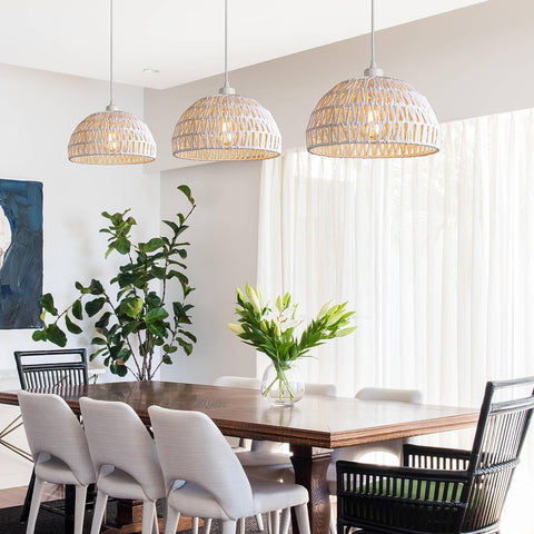 Suspension Luminaire en Rotin Moderne Lustre Abat-jour en Rotin Naturel Lampe Suspendue Hauteur Réglable E27 Suspension pour Cuisine Chambre Salon Café (Blanc)