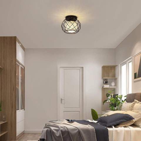 Plafonnier Vintage E27, Luminaire Plafonnier Industriel, Suspension Luminaire Cage en Métal Noir pour Salon Cuisine Chambre Café Bar