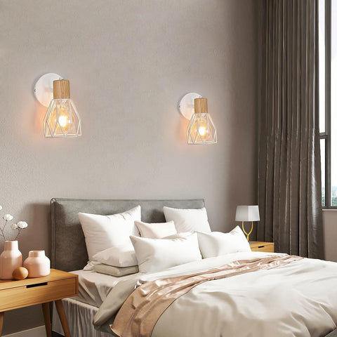 2 pièces Applique Murale Intérieur Bois Vintage Lampe murale E27 Base Pour chambre à coucher, salon, couloir, entrée Blanc (Ampoule non incluse)