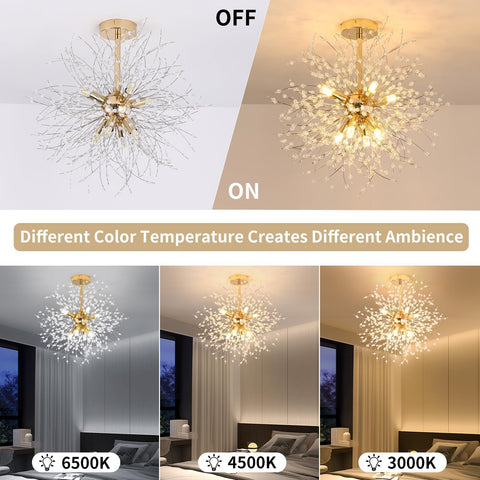 Plafonnier Moderne Lustres en Cristal, Lustre Feux d'artifice Doré, Plafonniers en Cristaux K9, 8 G9 Luminaire Lampes Dorées pour Salon, Chambre, Salle à Manger, Couloir
