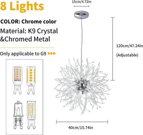 Lustre en Cristal, Suspension Moderne de Feu d'Artifice Chromés, 8 Lumières Pendentif Suspension Luminaire pour Salon Chambre Salle à Manger Cuisine Couloir (Dia 40CM) Ampoule non incluse