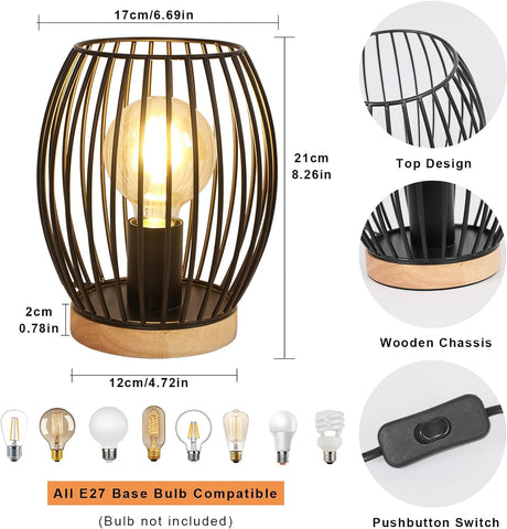 Lampe de Table Metal Noir E27 Cage, 21cm de Haut Lampe de Bureau, Lampe de Chevet Intérieur Design Décorative avec Interrupteur à Boutons pour Fête-Cadeau, Chambre, Salon(Pas d'ampoule)