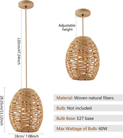 Lustre Tissé à la Main Vintage Suspension Luminaire en Rotin, Abat-Jour Panier Rétro Boho, E27 Plafonnier pour Salon, Chambre - 120cm Ligne