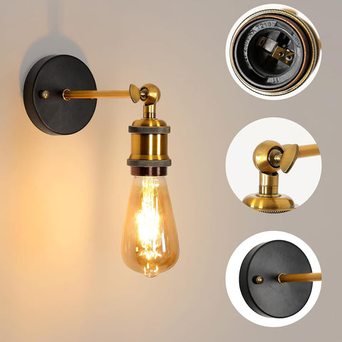 2 Pack Applique Murale E27 Vintage Industrielle, 270° Orientable Lampe Murale E27 Rétro en Métal, Or Appliques Murales Interieur pour Escalier Couloir Salon Cuisine(Ampoule non incluse）