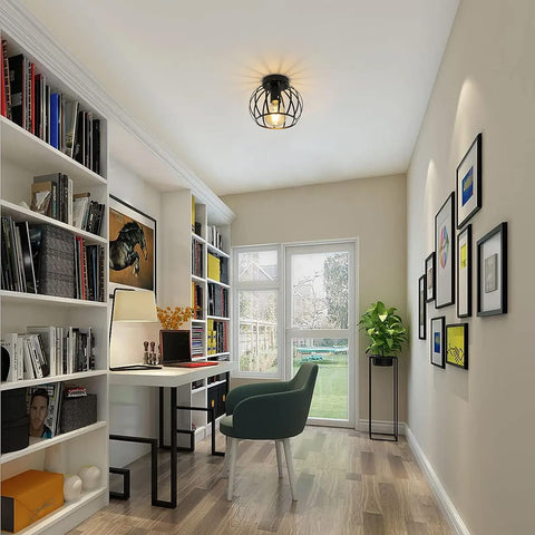 Plafonnier Vintage, Plafonnier Semi-encastré, Abat-jour de Plafond à Cage en Métal Avec Support E27 Pour Salon Cuisine Chambre Couloir Cour Noir