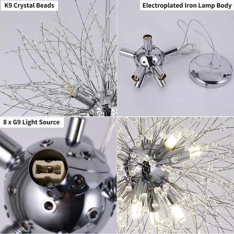 Lustre en Cristal, Suspension Moderne de Feu d'Artifice Chromés, 8 Lumières Pendentif Suspension Luminaire pour Salon Chambre Salle à Manger Cuisine Couloir (Dia 40CM) Ampoule non incluse