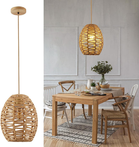 Lustre Tissé à la Main Vintage Suspension Luminaire en Rotin, Abat-Jour Panier Rétro Boho, E27 Plafonnier pour Salon, Chambre - 120cm Ligne