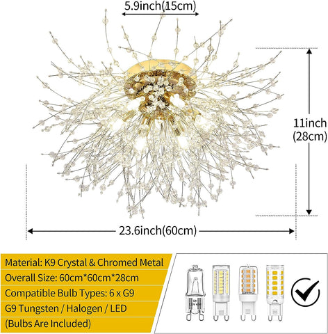 Plafonnier LED Lustre en Cristal Moderne K9 Cristal Suspension Plafonnier Température de couleur réglable 3000K/4500K/6500K 6 G9 Lampe de Plafond Or