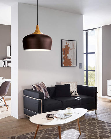 Lampe à suspension moderne en métal brun, crème et plastique aspect chêne avec douille E27 pour table à manger ou salon