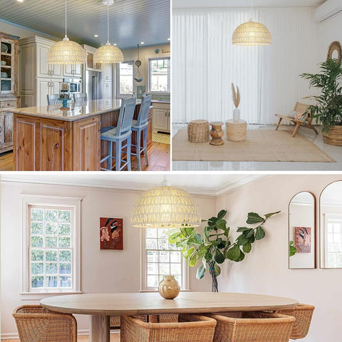 Suspension Luminaire en Rotin Moderne Lustre Abat-jour en Rotin Naturel Lampe Suspendue Hauteur Réglable E27 Suspension pour Cuisine Chambre Salon Café (Blanc)