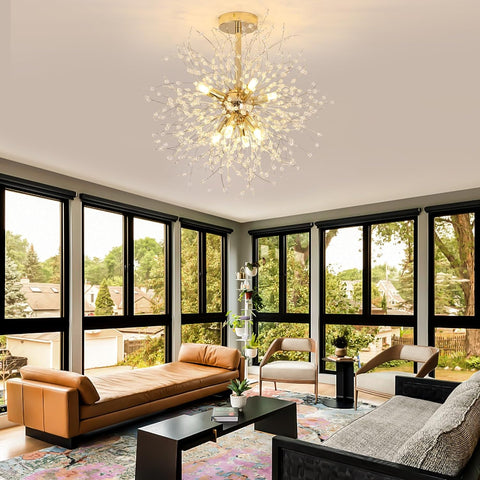 Plafonnier Moderne Lustres en Cristal, Lustre Feux d'artifice Doré, Plafonniers en Cristaux K9, 8 G9 Luminaire Lampes Dorées pour Salon, Chambre, Salle à Manger, Couloir