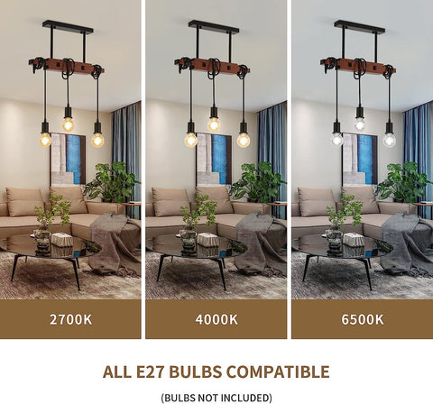 Suspension Luminaire Industrielle, Lampe de Plafond Vintage en bois, E27 Lustre Lumières avec 3 Lampe, Câble Réglable 120CM, pour Cuisine Salle à Manger Café Bar (Sans Ampoule)