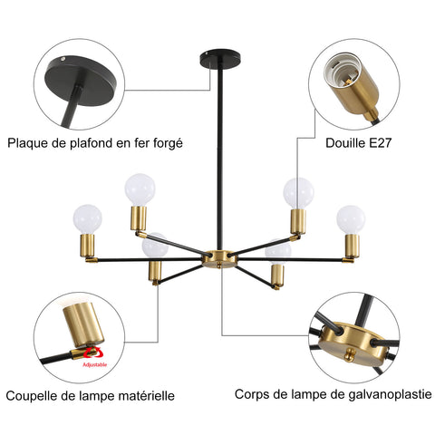 Plafonnier Industriel, Suspension Luminaire Vintage 6 têtes, Lampe de Plafond Sputnik en métal Noir et Or, Lustre pour salle à manger, salon, sans Ampoules