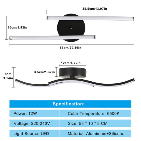 Plafonnier LED Moderne 12W, 6500K Lumière Blanche Froide, Design 2 Barres Parallèles, 60x12 CM, Idéal pour Chambre et Salon
