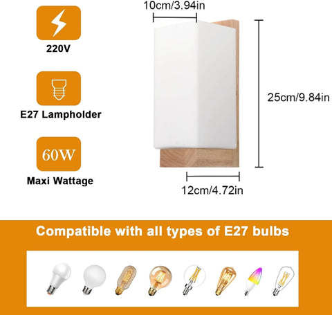 Vintage Wooden and Glass Cube Wall Light – E27 Interior Lamp