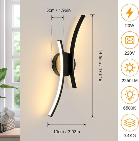 Modern LED Wall Light 20W 2250LM Black Curved Design