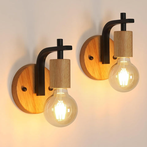 Set of 2 Vintage Indoor Wall Lights Wood and Black Metal E27