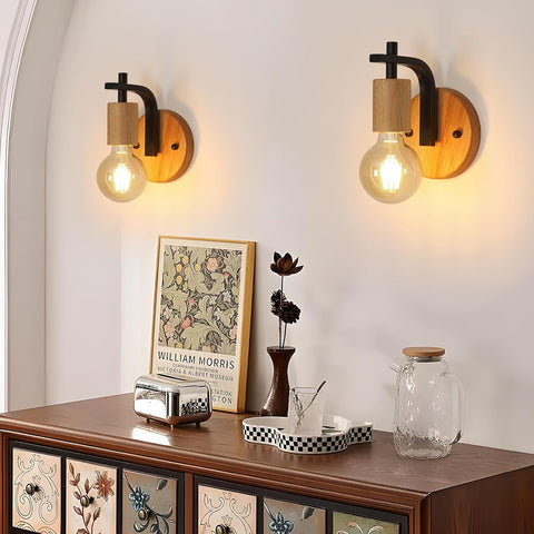 Set of 2 Vintage Indoor Wall Lights Wood and Black Metal E27