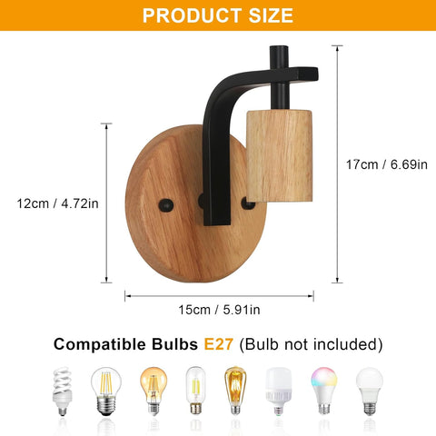 Set of 2 Vintage Indoor Wall Lights Wood and Black Metal E27