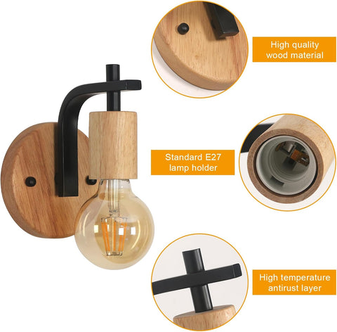 Set of 2 Vintage Indoor Wall Lights Wood and Black Metal E27