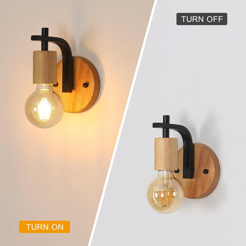 Set of 2 Vintage Indoor Wall Lights Wood and Black Metal E27