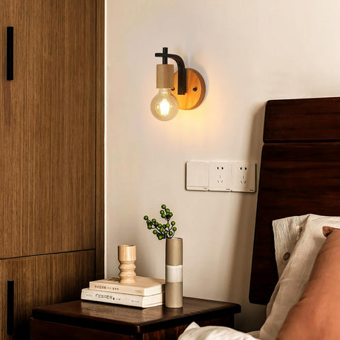 Set of 2 Vintage Indoor Wall Lights Wood and Black Metal E27