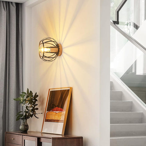 Industrial Ceiling Light Wood & Metal – Black Cage E27