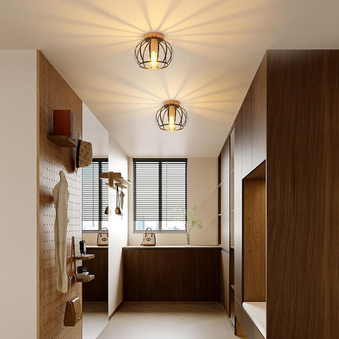 Industrial Ceiling Light Wood & Metal – Black Cage E27