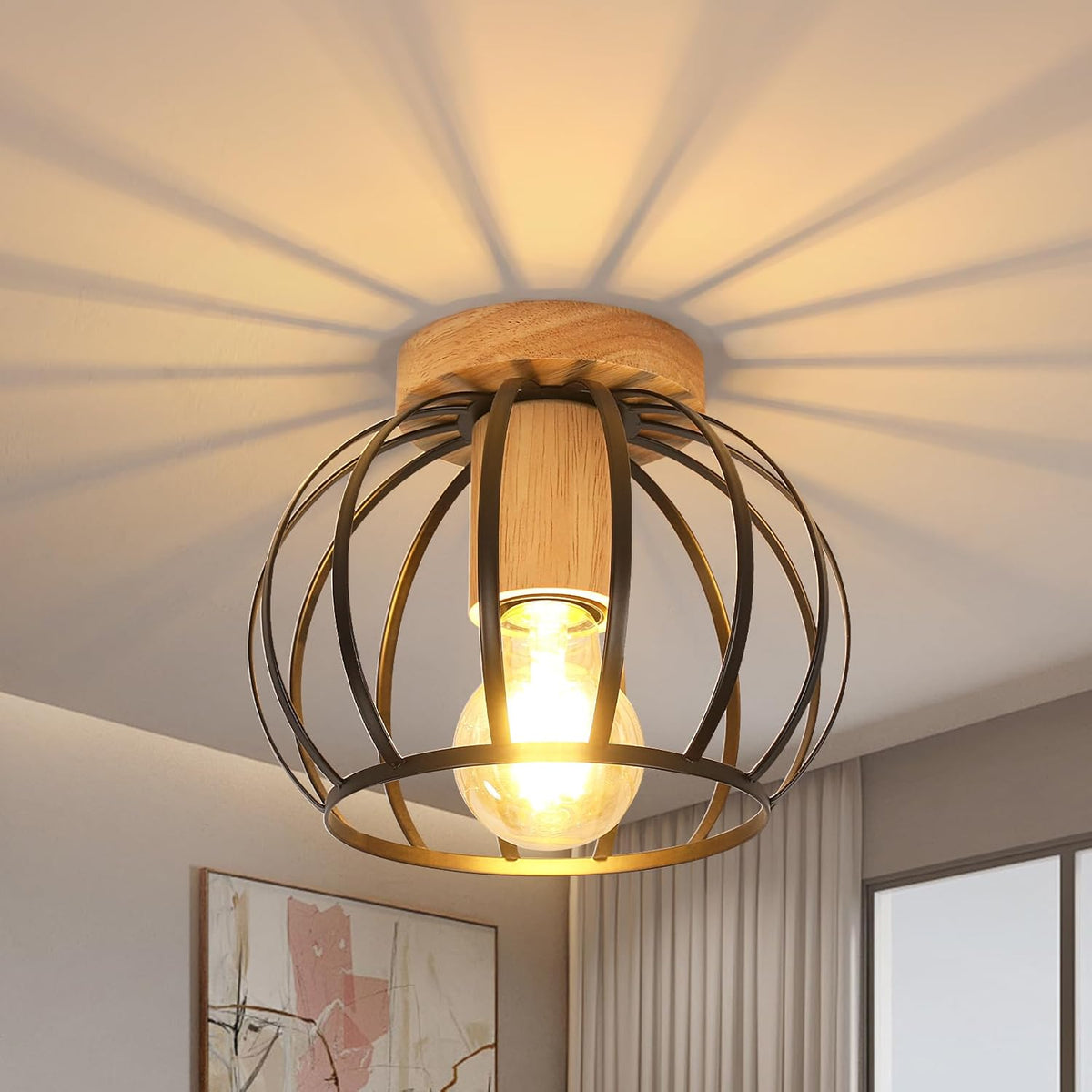 Industrial Ceiling Light Wood & Metal – Black Cage E27