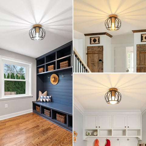 Industrial Ceiling Light Wood & Metal – Black Cage E27