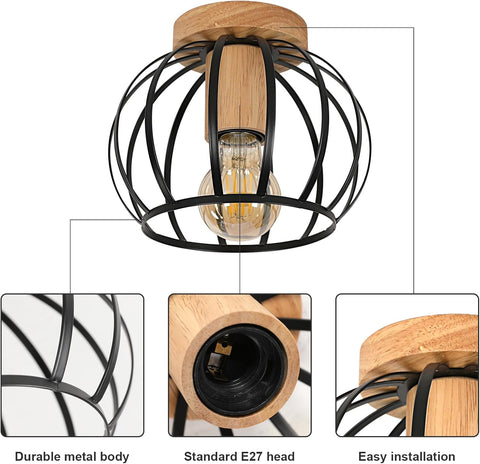 Industrial Ceiling Light Wood & Metal – Black Cage E27
