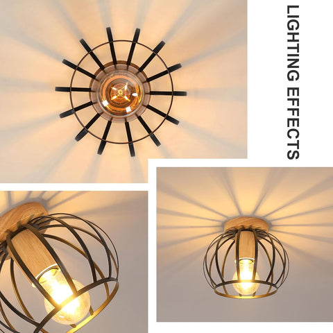 Industrial Ceiling Light Wood & Metal – Black Cage E27