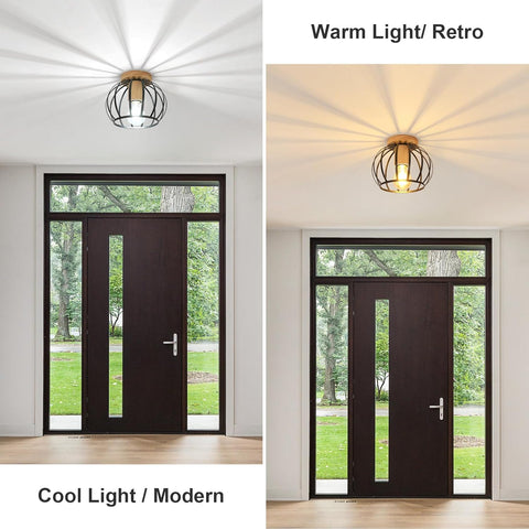 Industrial Ceiling Light Wood & Metal – Black Cage E27