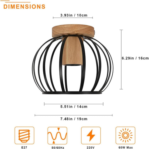 Industrial Ceiling Light Wood & Metal – Black Cage E27