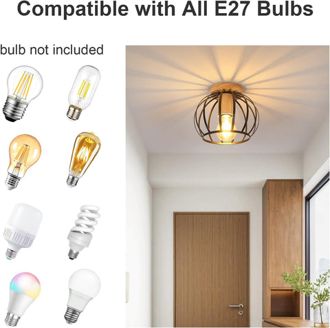 Industrial Ceiling Light Wood & Metal – Black Cage E27