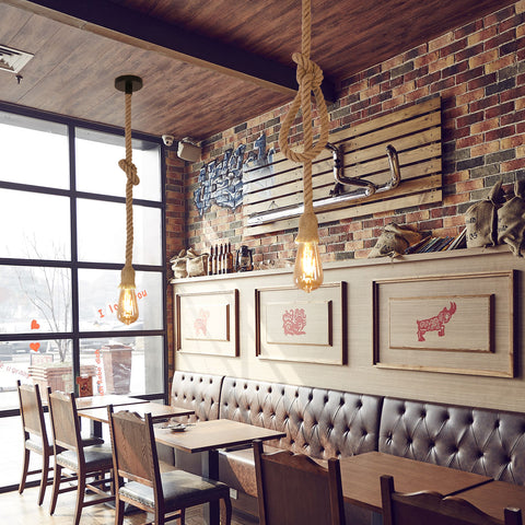 Lustre Suspension Industrielle, Lustre Corde de Chanvre Tête Unique, Suspension Luminaire E27 Rétro pour Salle à Manger Restaurant Bar, 150 cm