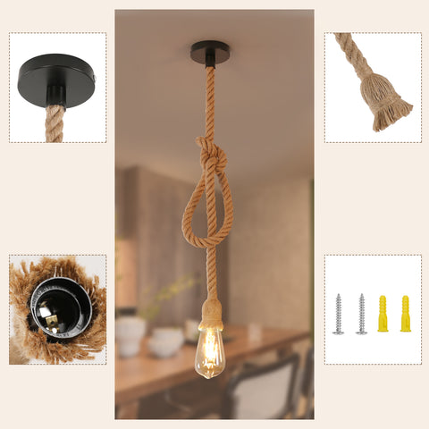 Lustre Suspension Industrielle, Lustre Corde de Chanvre Tête Unique, Suspension Luminaire E27 Rétro pour Salle à Manger Restaurant Bar, 150 cm
