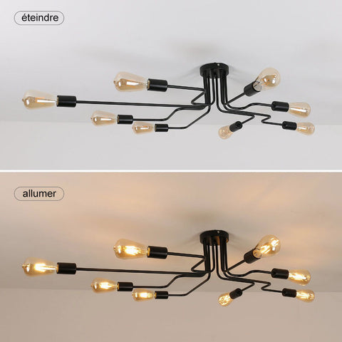 Lustre Industriel Noir E27, Plafonnier Vintage Métal à 8 Lampes, Éclairage Design pour Salon, Chambre, Cuisine, Bar, Café, Loft