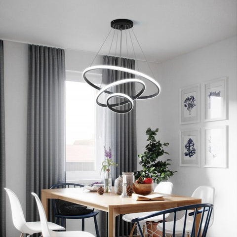 Lustre Dimmable 40W Moderne Cercle Anneaux Suspension Dimmable 3000K-6000K Pour salon chambre à coucher salle à manger bureau Noir